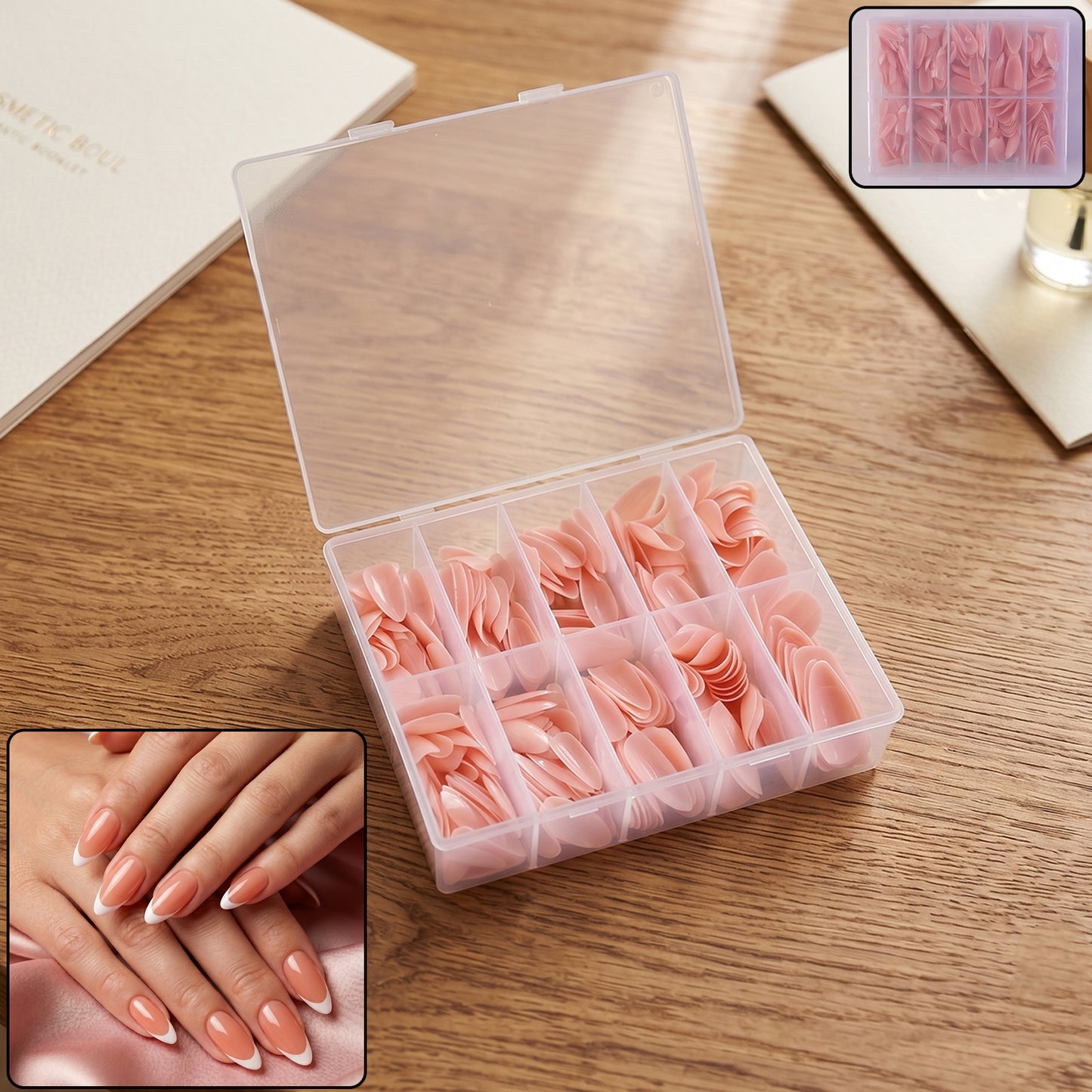 Wukusy artificial nail tips set for salon-style manicure, showcasing various nail tip shapes and lengths for professional at-home use.