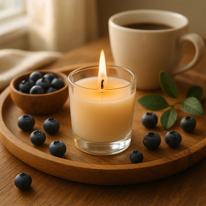 Blueberry soy-blend votive candle in glass container by Wukusy, 50g, ideal for home decor and cozy ambiance.