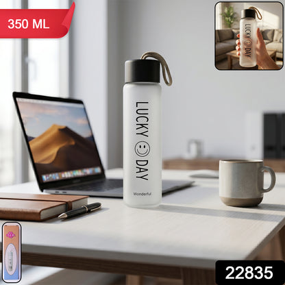 Wukusy premium frosted glass water bottle with leak-proof lid, 350ml capacity, showing the sleek, frosted glass design and secure lid.