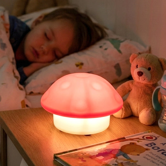 Colorful mushroom-shaped LED night light by Wukusy, illuminated with soft mixed colors, ideal for cozy nighttime ambiance.