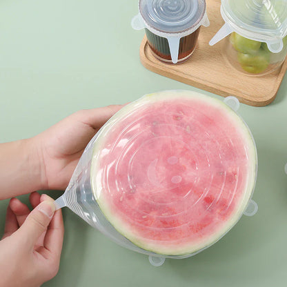 Six reusable, stretchable food covers in various sizes by Wukusy, made from breathable material for fresh food storage.