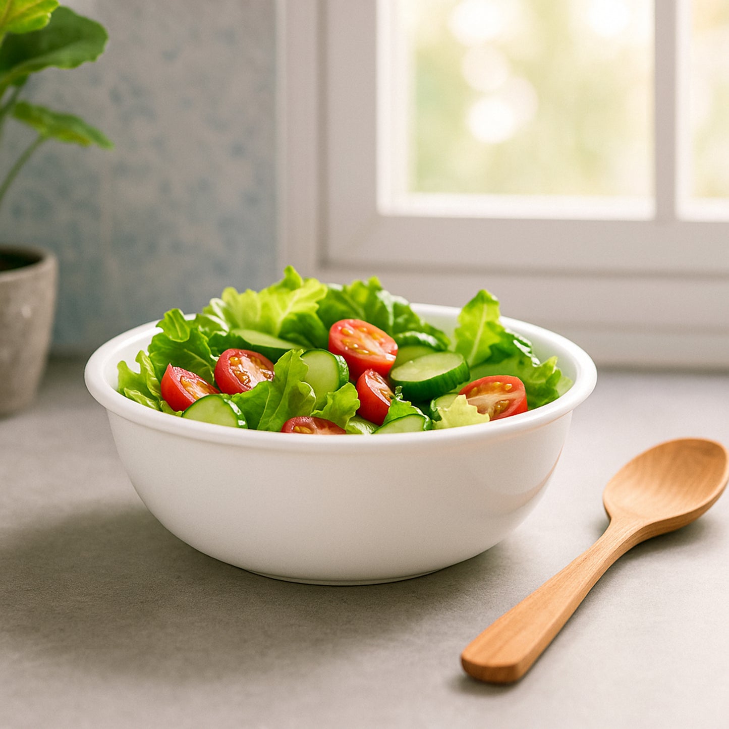 White plastic 6-inch round deep serving bowl by Wukusy, ideal for kitchen serving and food presentation.