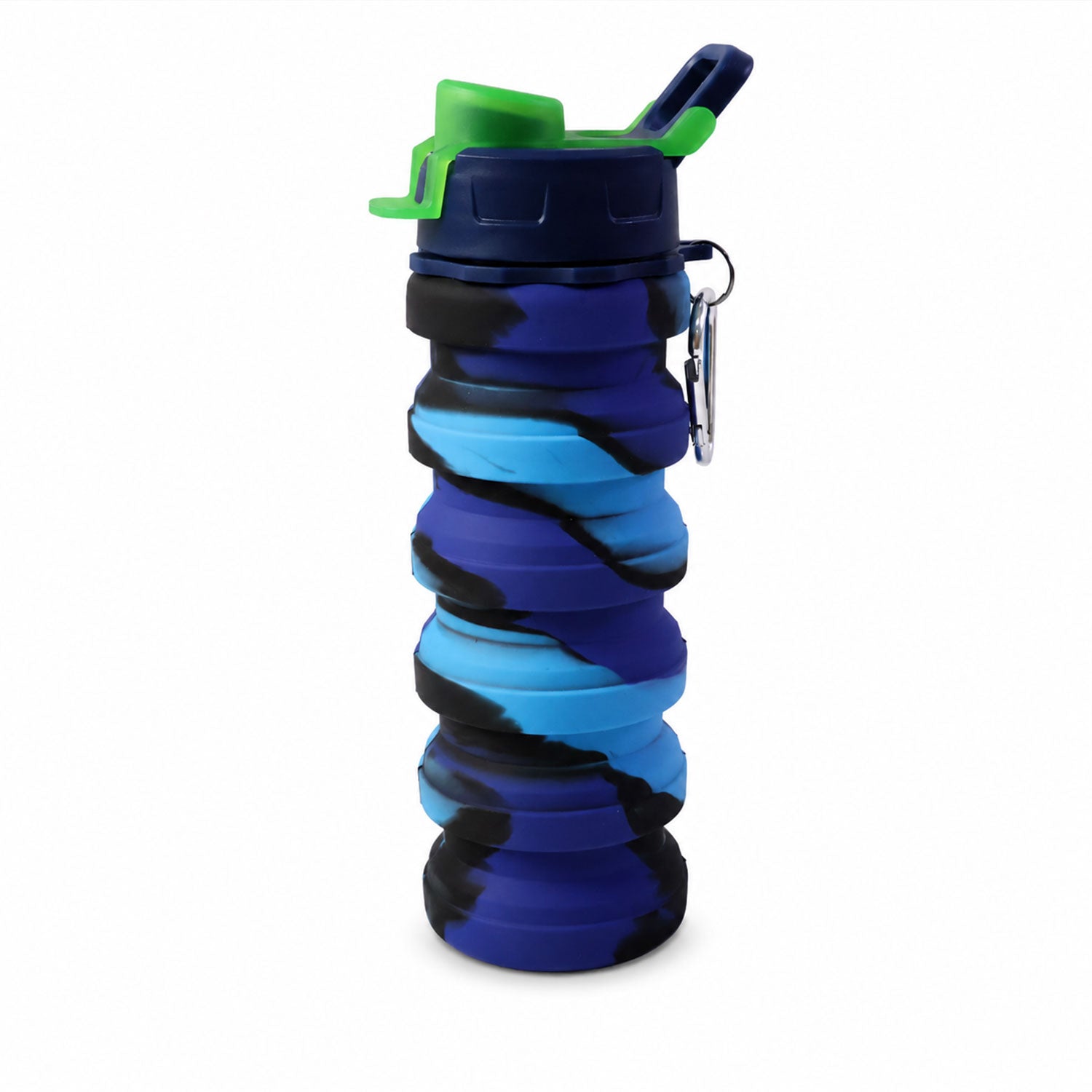 Wukusy Sili Fold collapsible silicone water bottle with carabiner, 500ml, leakproof design for outdoor and travel use.