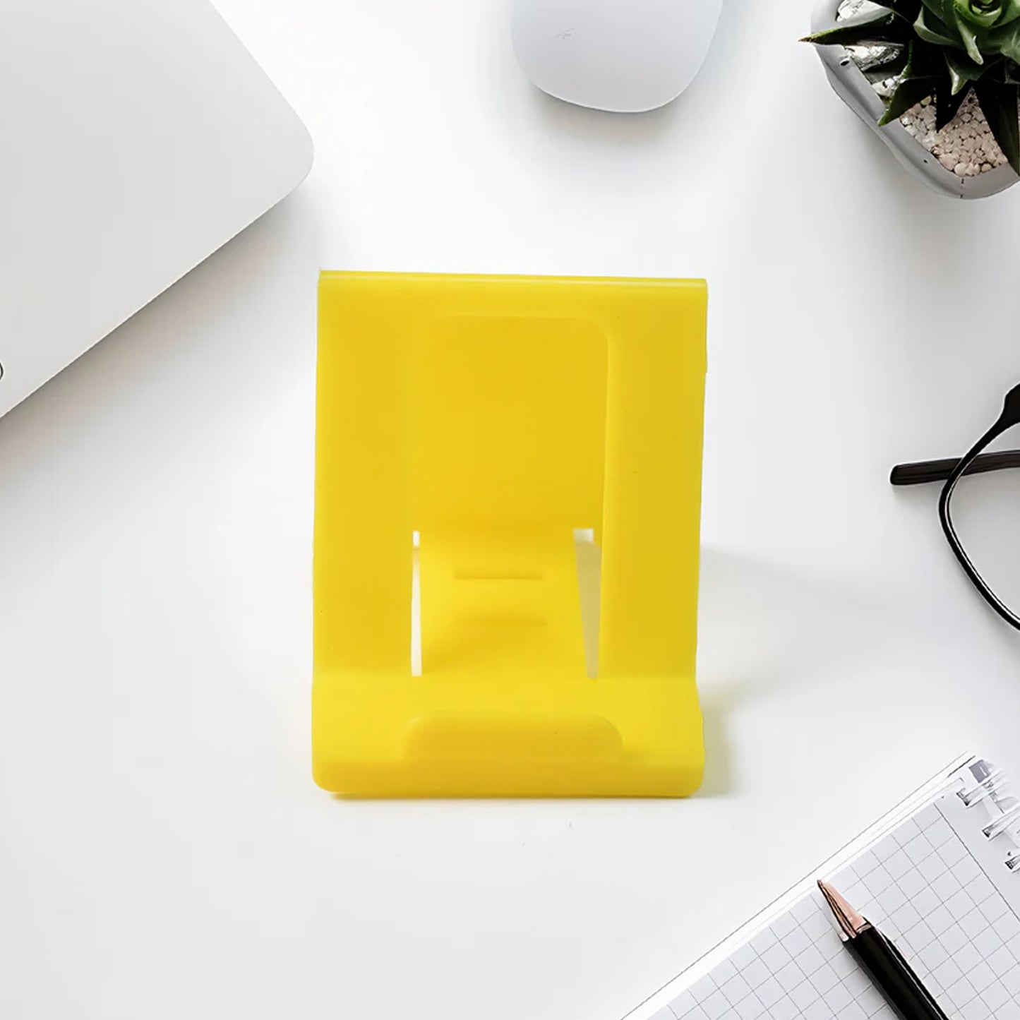 Six Wukusy adjustable foldable plastic mobile phone stands in mixed colors, showing different angles and open positions.