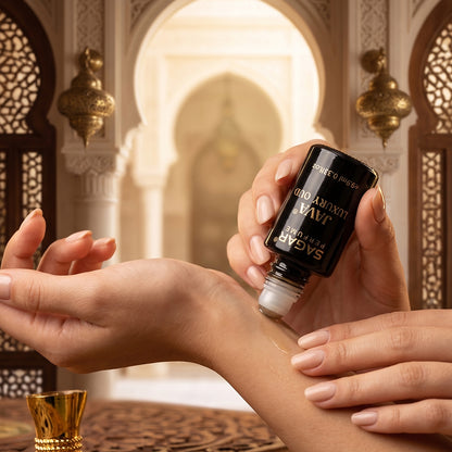 Wukusy Sagar Java Luxury Oud Roll-on Attar perfume oil in a 9.9ml bottle, featuring a sleek design and natural fragrance for men and women.