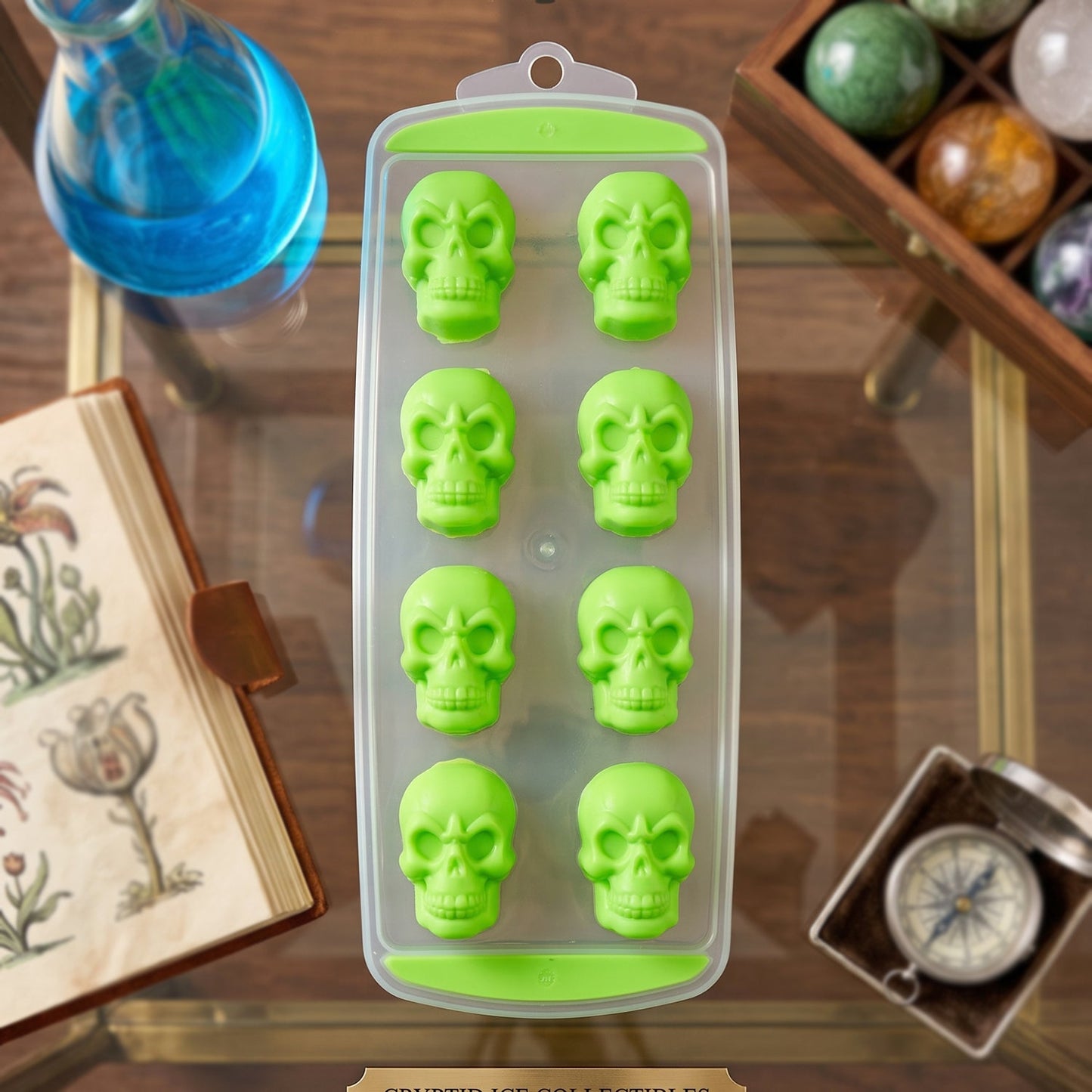 Wukusy plastic 8-grid skull-shaped ice cube tray with lid for freezing ice cubes in a freezer.