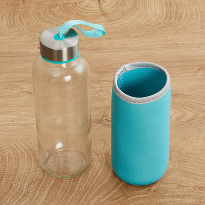 Wukusy 1199 glass water bottle with 500ml capacity and cover, clear glass design with a protective lid.