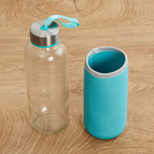Wukusy 1199 glass water bottle with 500ml capacity and cover, clear glass design with a protective lid.