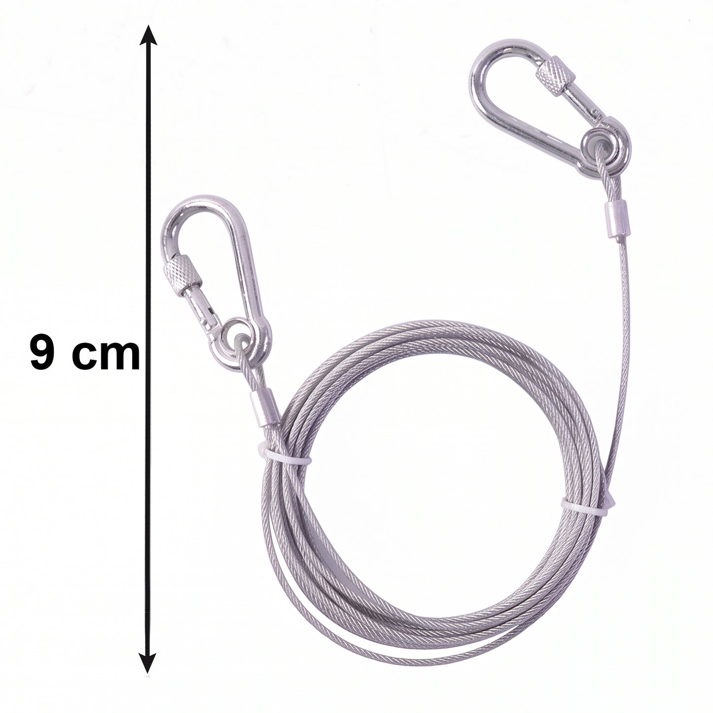 Heavy duty steel wire rope clothesline with carabiner hooks, 5 meters long, suitable for outdoor drying and sturdy hanging.