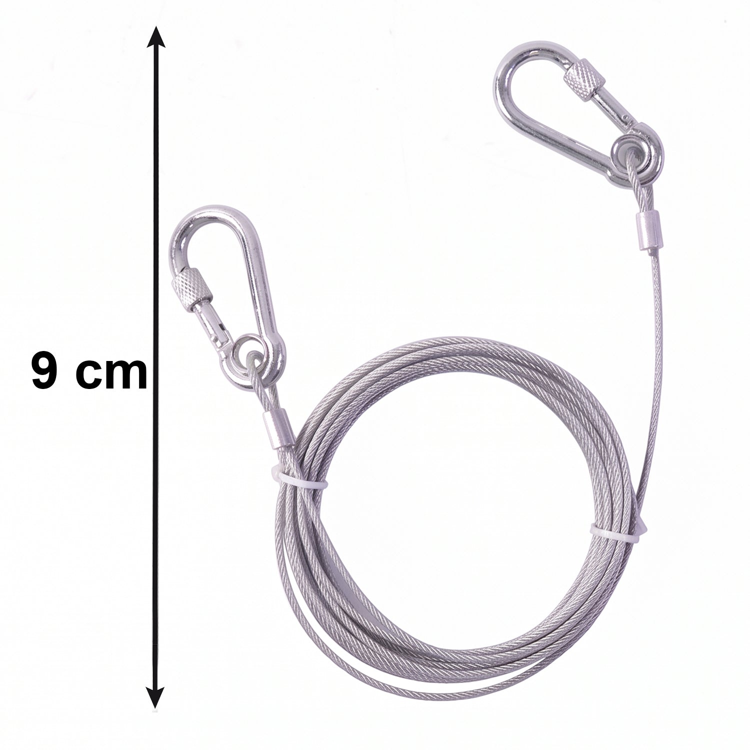 Heavy duty steel wire rope clothesline with carabiner hooks, 5 meters long, suitable for outdoor drying and sturdy hanging.