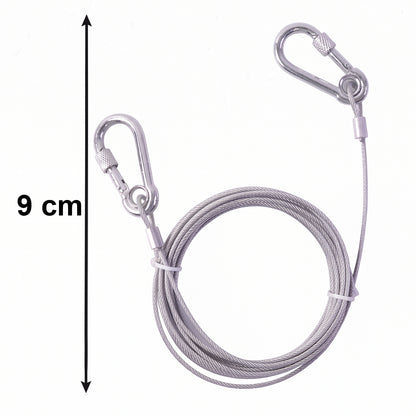 Heavy duty steel wire rope clothesline with carabiner hooks, 5 meters long, suitable for outdoor drying and sturdy hanging.