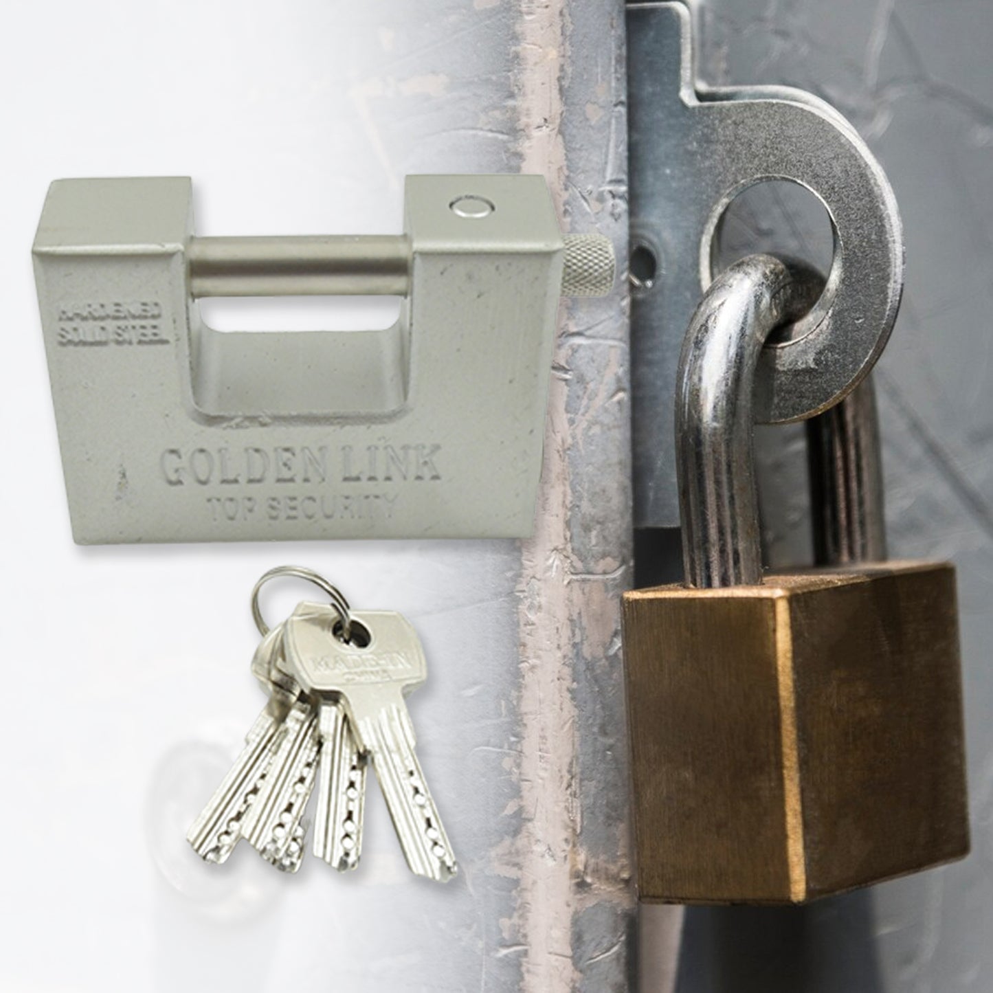 Wukusy 9323 stainless steel padlock with rectangular shape, 5 keys, waterproof, rust-resistant, ideal for outdoor gates and shed security