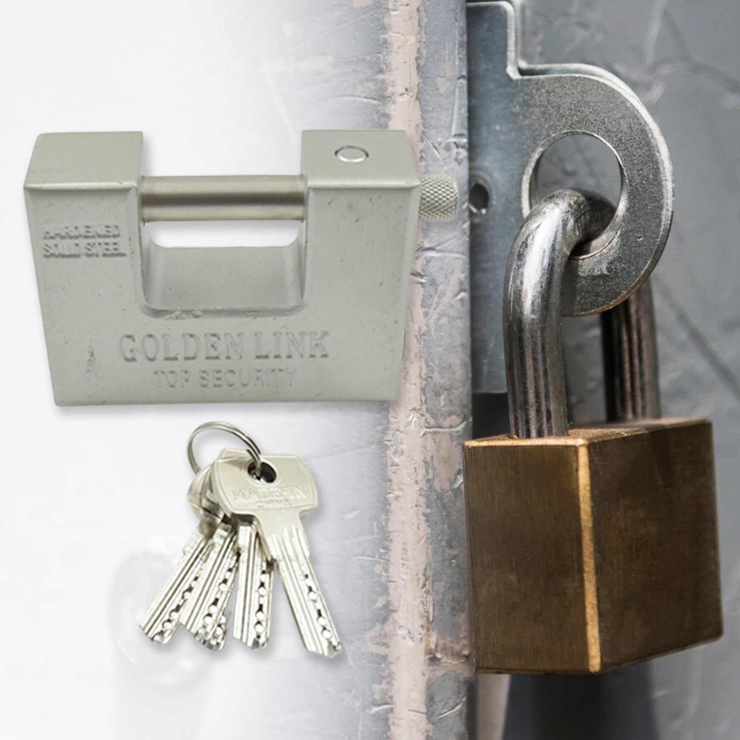 Wukusy 9323 stainless steel padlock with rectangular shape, 5 keys, waterproof, rust-resistant, ideal for outdoor gates and shed security