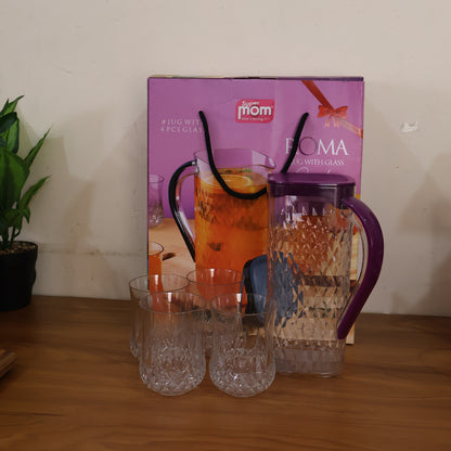 Wukusy Supermom Roma plastic jug and glass set with five pieces, including a large jug and matching glasses for home use.