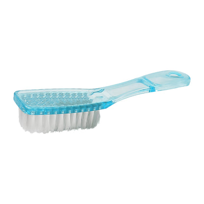 Wukusy plastic handle scrubbing brush with mixed color bristles, 19 cm long, ideal for cleaning shoes and clothes at home.