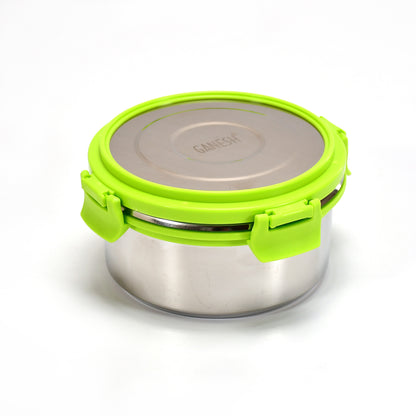 Wukusy Ganesh Solo Round stainless steel lunch pack with airtight lid, ideal for office and school use, leak-proof and durable.