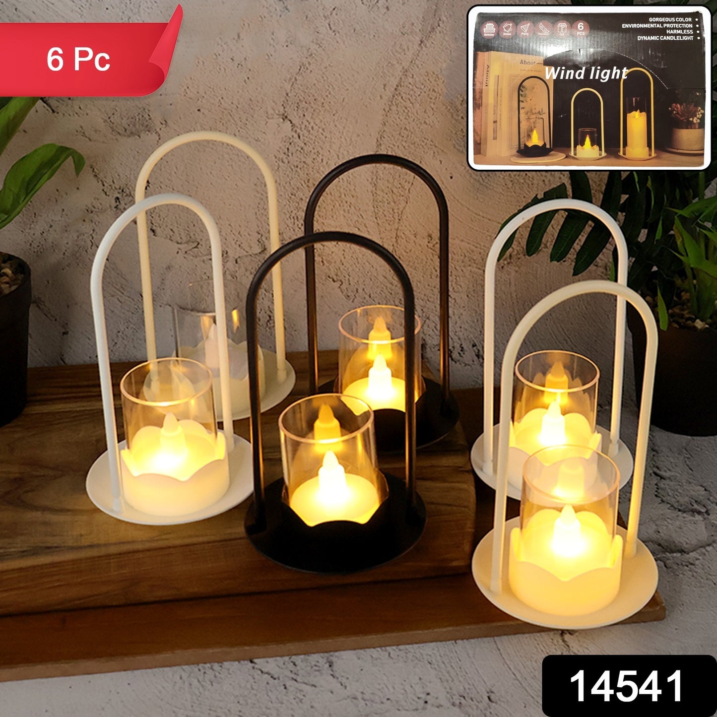 Set of six Wukusy decorative plastic flameless LED wind light candles for home decor with a soft, flickering glow.