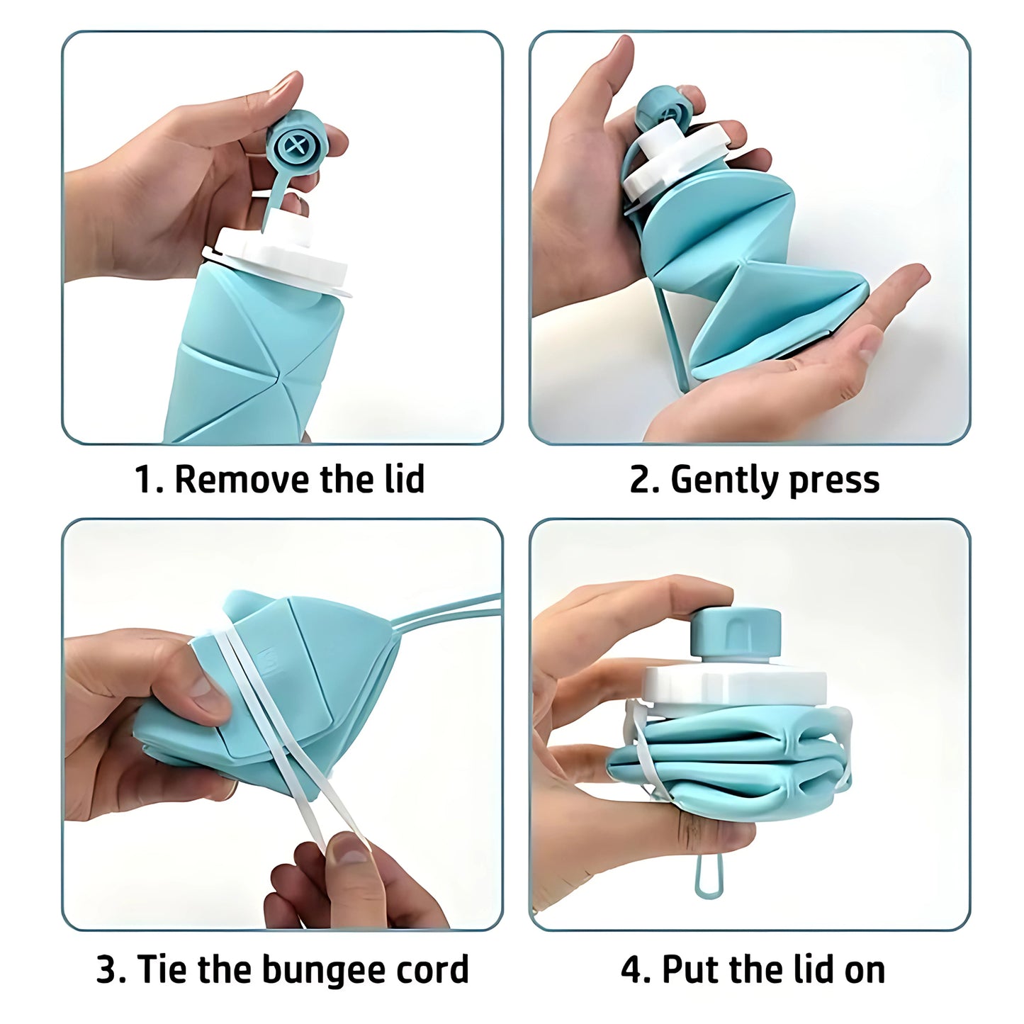 Wukusy 600ml collapsible silicone water bottle for travel, sports, gym, and office, showing flexible design and screw-top lid.