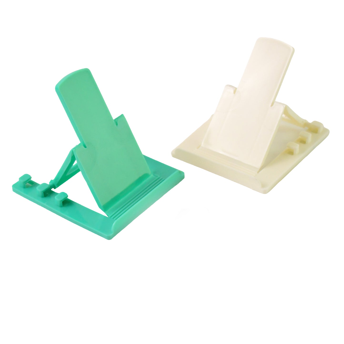 Two Wukusy adjustable foldable plastic mobile phone stand holders on a neutral background, showcasing their compact design and stability.