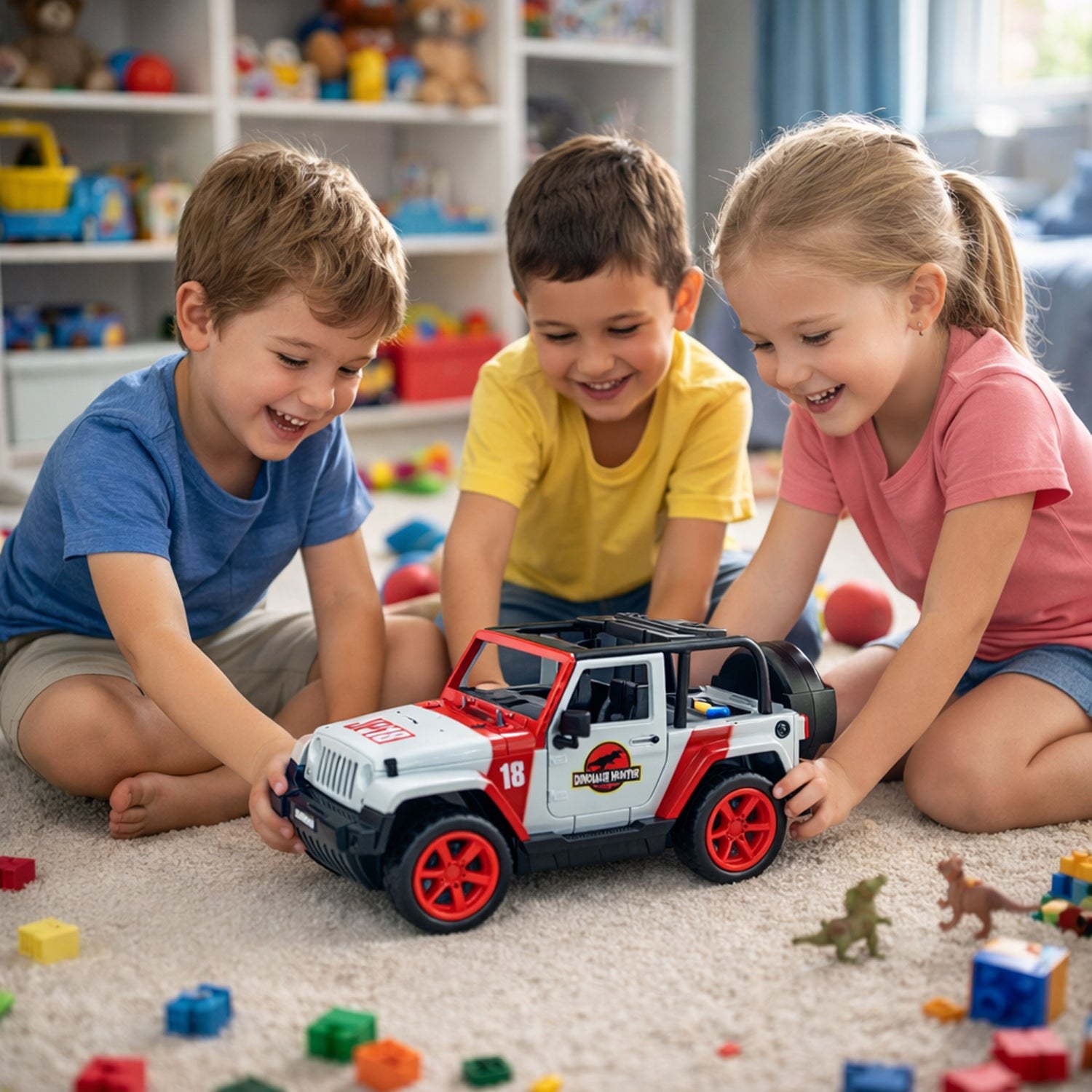 Kids Dinosaur Hunter off-road friction powered toy jeep by Wukusy, featuring rugged design and colorful dinosaur graphics.