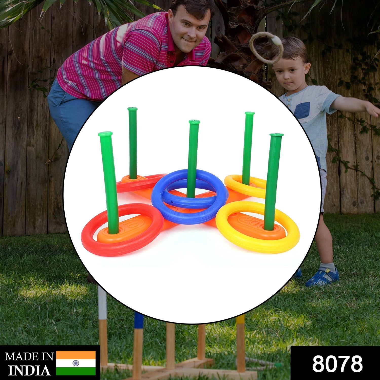 Wukusy 13-piece ring toss game toys for children, featuring colorful rings and pegs for indoor and outdoor play.