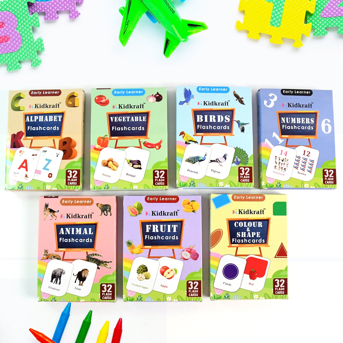 Wukusy 7-in-1 Kidkraft early learner flashcard set with 224 colorful educational cards for kids' learning activities.