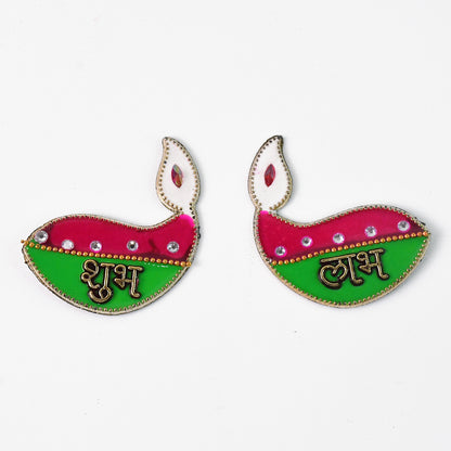 Two Wukusy Shubh Labh Diya-shaped wall hangings for home decor, featuring traditional Indian design with intricate patterns.