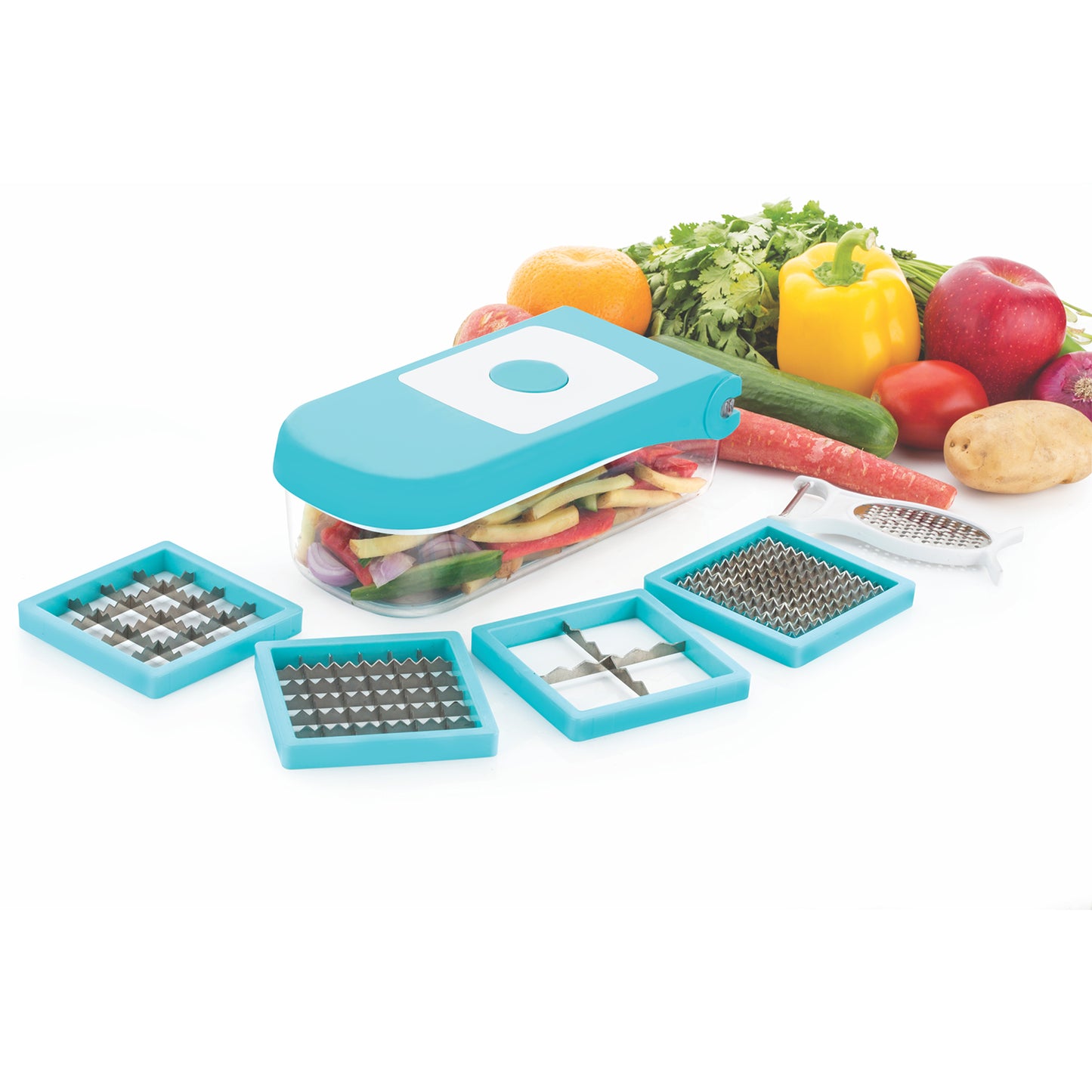 Blue Wukusy 8108 Ganesh 7-in-1 plastic vegetable dicer kitchen tool with multiple slicing options and ergonomic design.