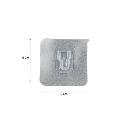 Wukusy 7433 transparent adhesive male hook for hanging items, shown attached to a wall with various objects hanging from it.