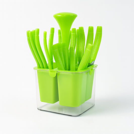 Wukusy Supermom 24-piece fancy cutlery set with matching holder, including forks, knives, and spoons for home and kitchen use.