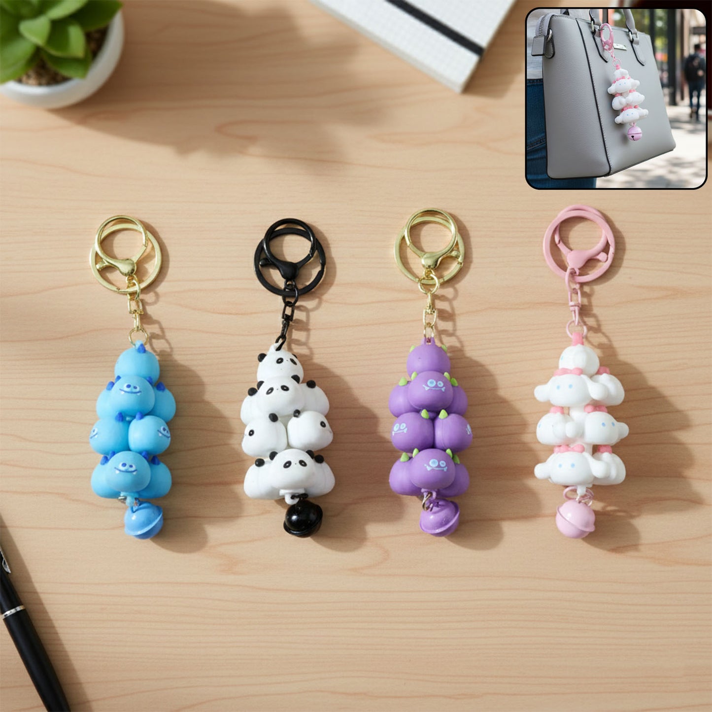 Colorful cartoon cloud stack keychain with bell from Wukusy, featuring mixed bright colors and a small bell attachment.