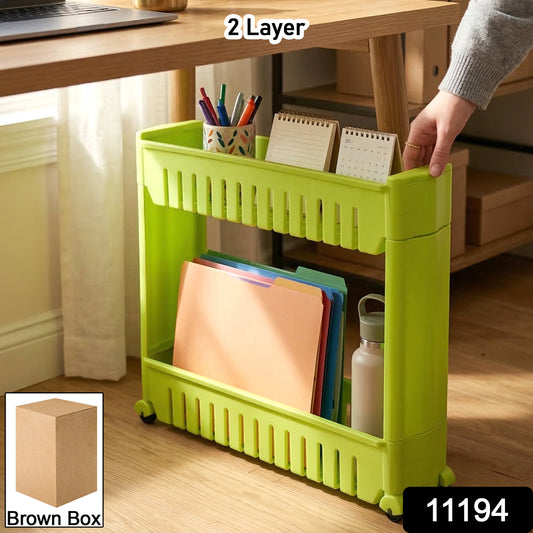 Wukusy Prexo plastic 2-layer slim storage rack with wheels, featuring a compact design and sturdy construction.