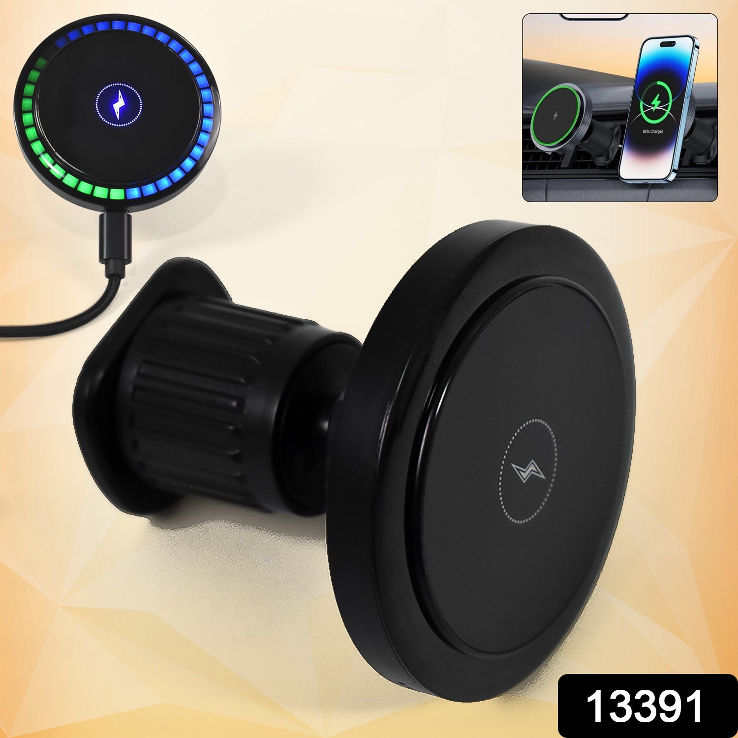 Wukusy magnetic phone mount with wireless charger and music reactive lights, holding a smartphone on a car dashboard.