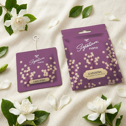Wukusy Gardenia fragrance hanging air freshener sachet, 10g, with floral design and fresh gardenia scent inside a small sachet.