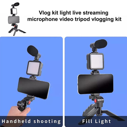 Wukusy 6054 vlogging kit with mini tripod, LED light, phone holder clip, and microphone for mobile video recording.