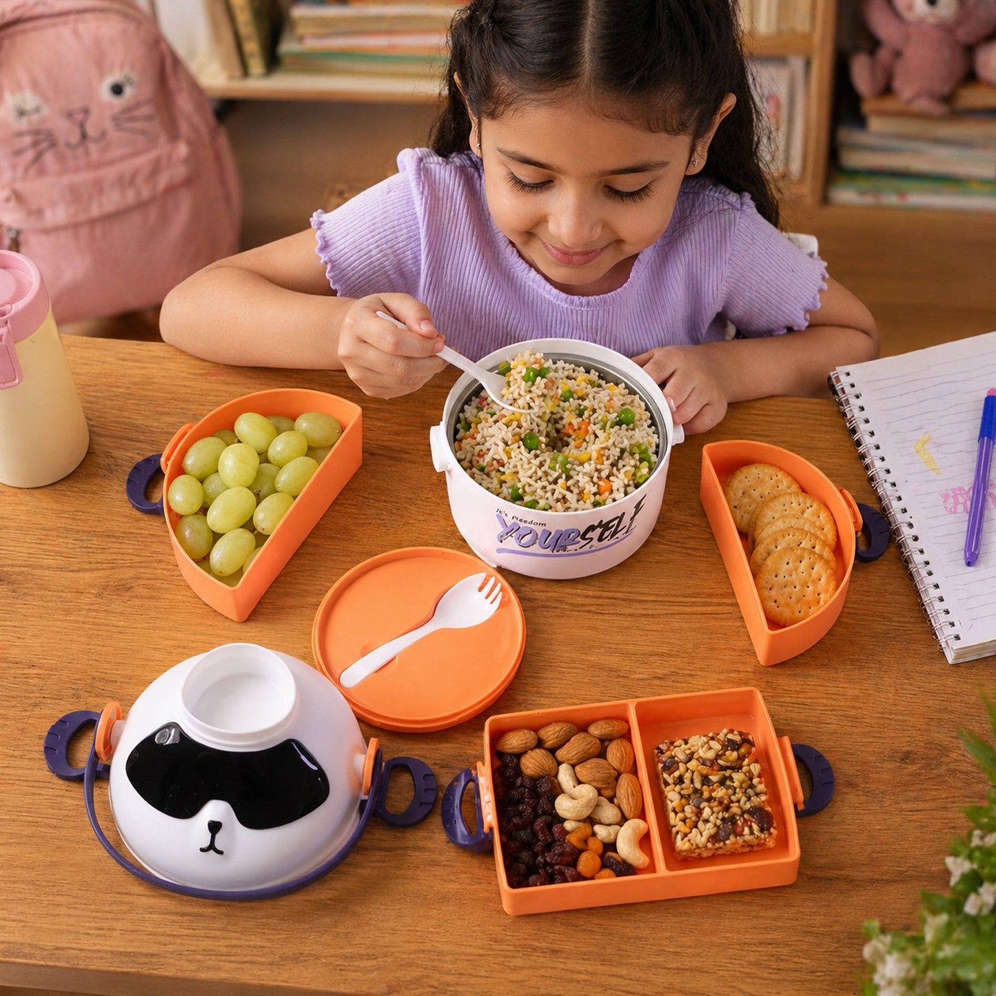 Cute cartoon double layer lunch box by Wukusy with colorful design, perfect for kids' packed meals, featuring two compartments.