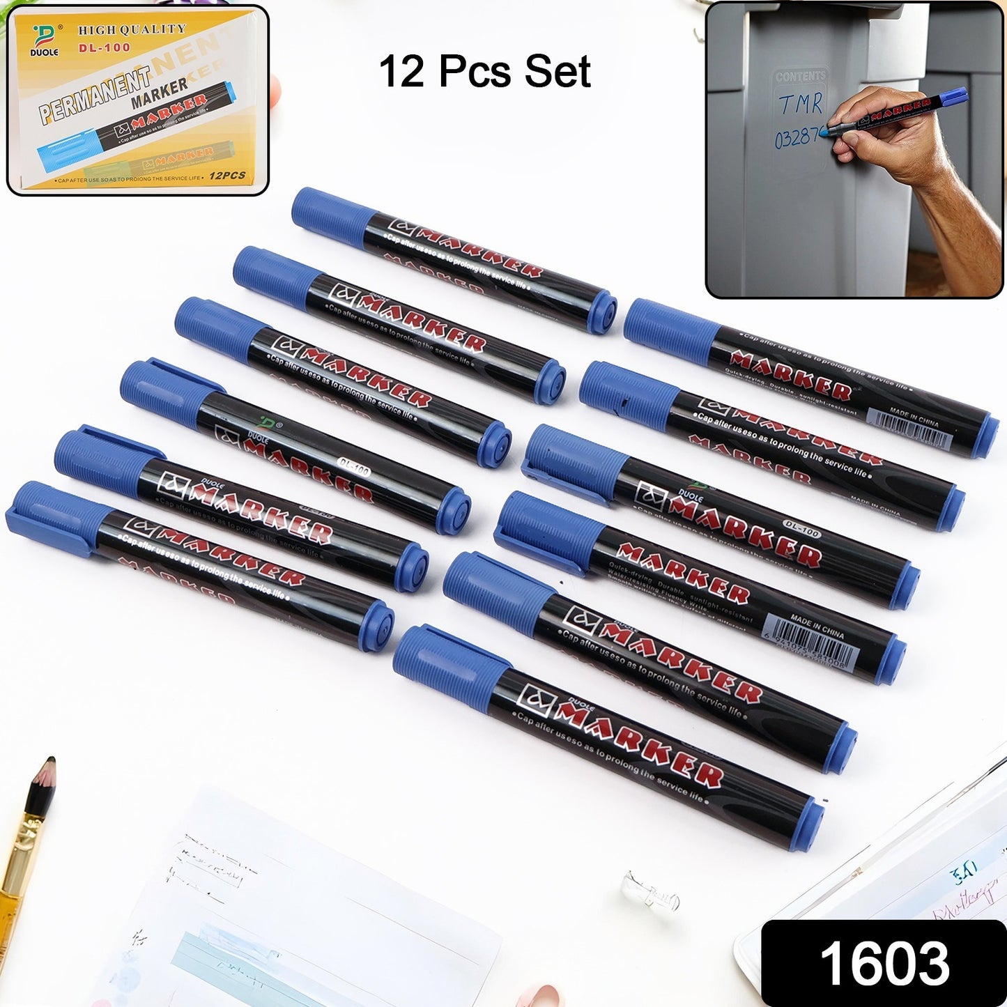 Set of 12 Wukusy Premium Permanent Blue Marker Pens for office use, displayed with blue ink and fine tips.