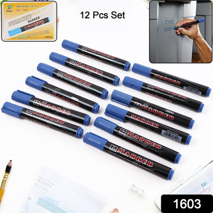 Set of 12 Wukusy Premium Permanent Blue Marker Pens for office use, displayed with blue ink and fine tips.