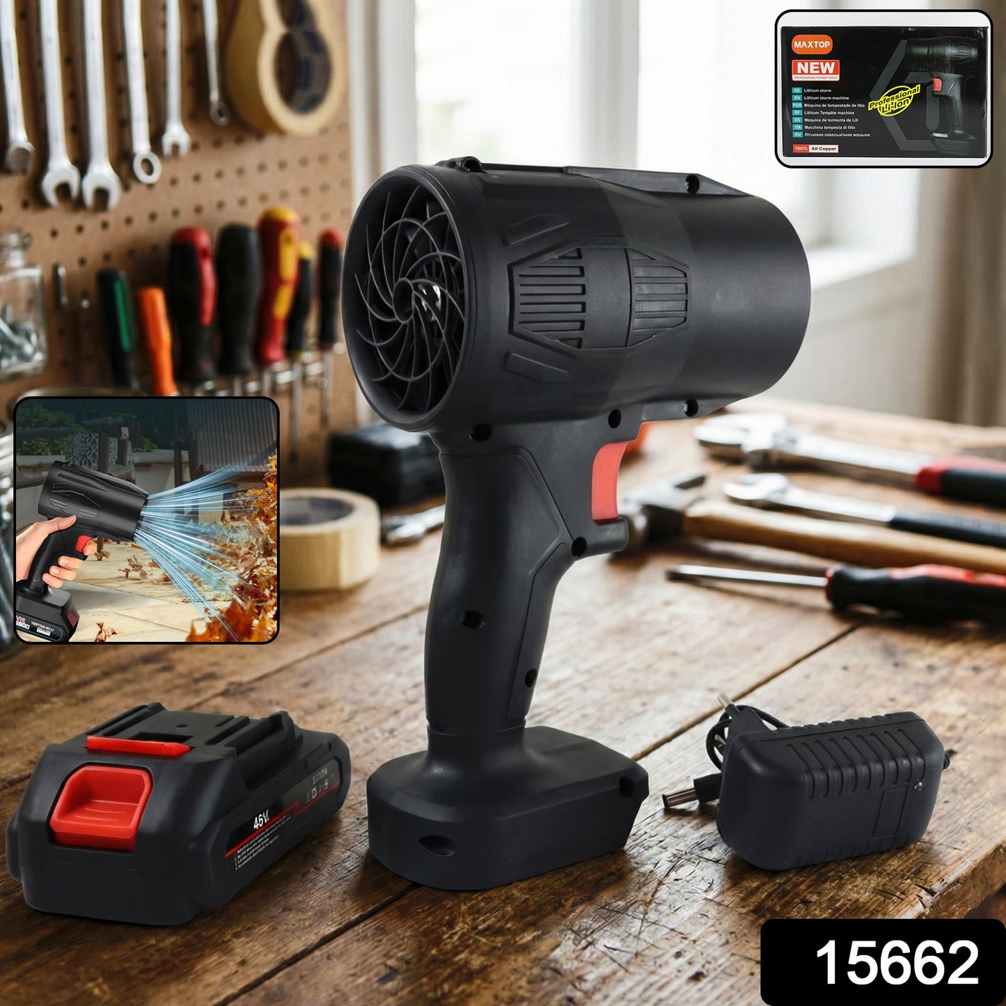 Wukusy high-power cordless leaf blower with rechargeable battery, showing the fan and battery attachment in a close-up shot.