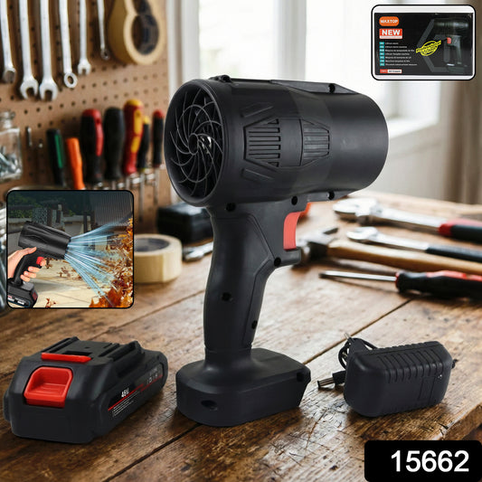 Wukusy high-power cordless leaf blower with rechargeable battery, showing the fan and battery attachment in a close-up shot.