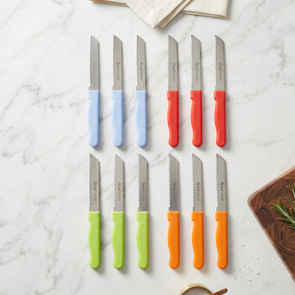 Wukusy 12-piece stainless steel kitchen knife set with plastic handles, including vegetable and fruit knives on a white background.