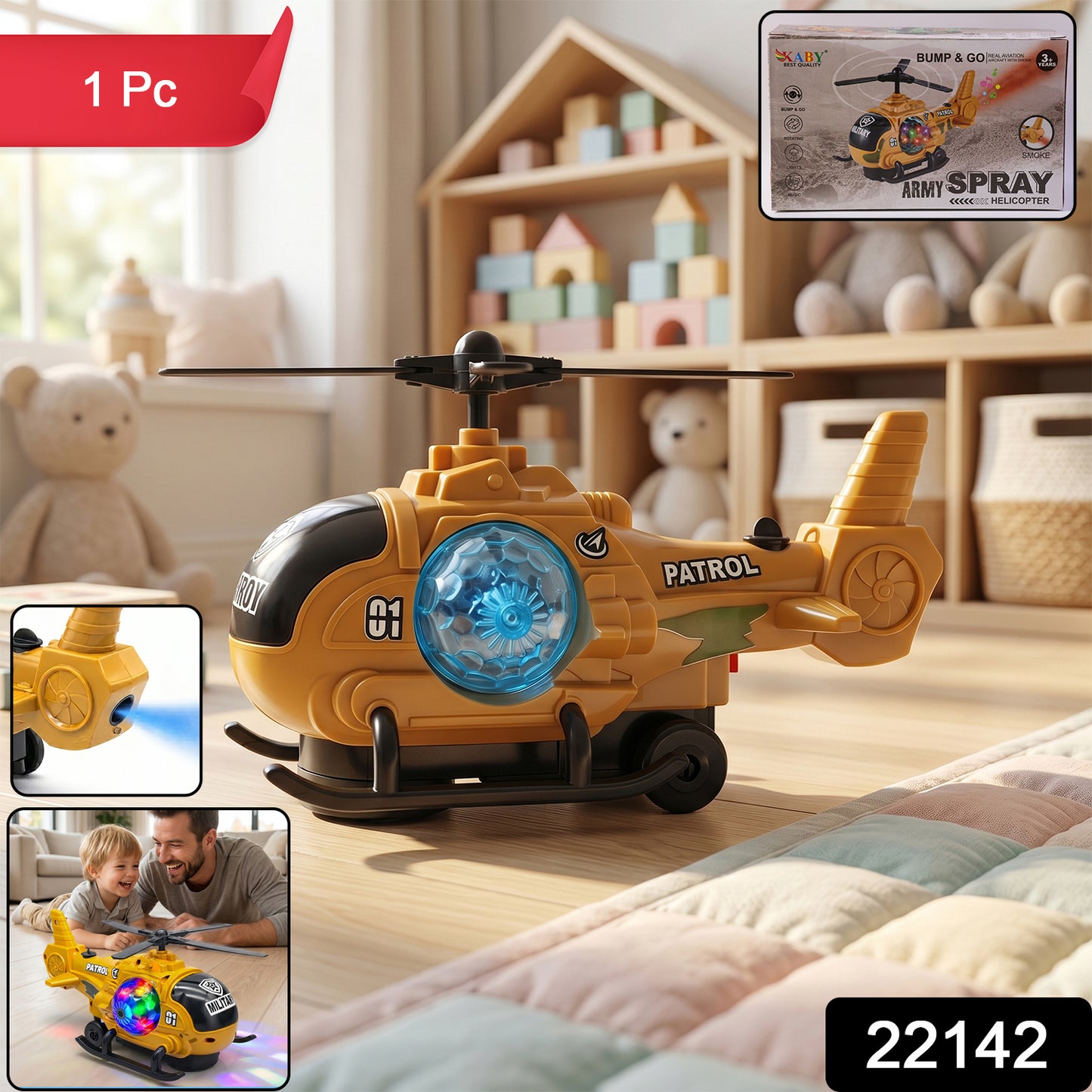 Wukusy military spray helicopter toy for kids with lights, music, and mist, featuring bump and go action in a colorful design