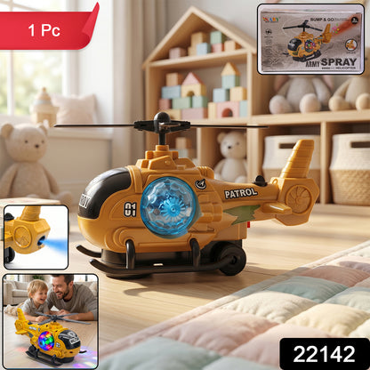 Wukusy military spray helicopter toy for kids with lights, music, and mist, featuring bump and go action in a colorful design