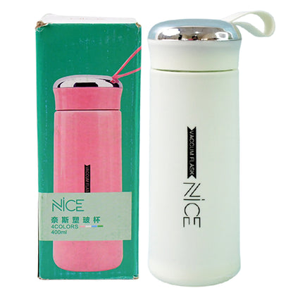 White 400ml leak-proof glass water bottle by Wukusy, ideal for gym and children, with daily water intake markings.