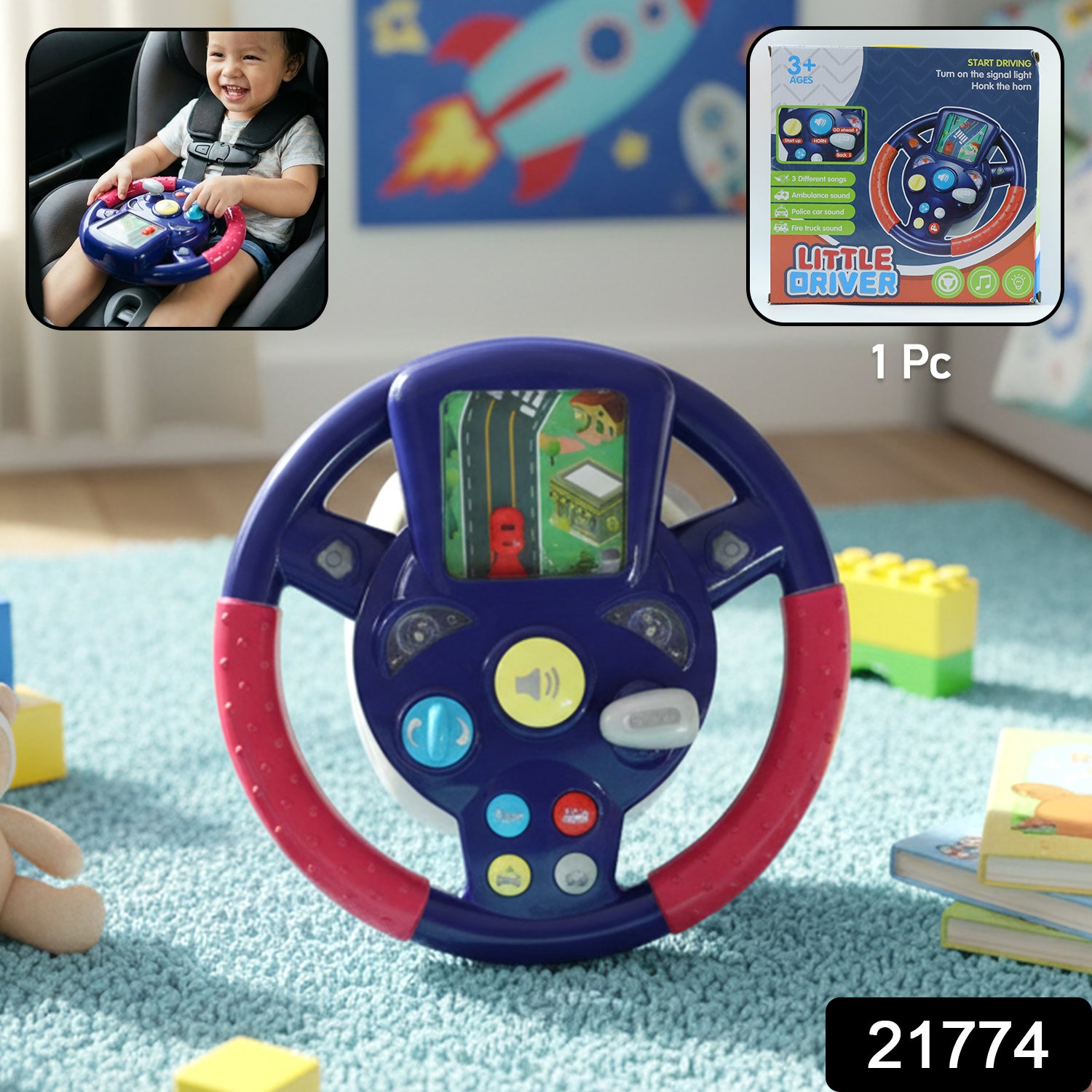 Wukusy musical steering wheel driving toy for kids with colorful buttons and interactive features on a child's play surface.