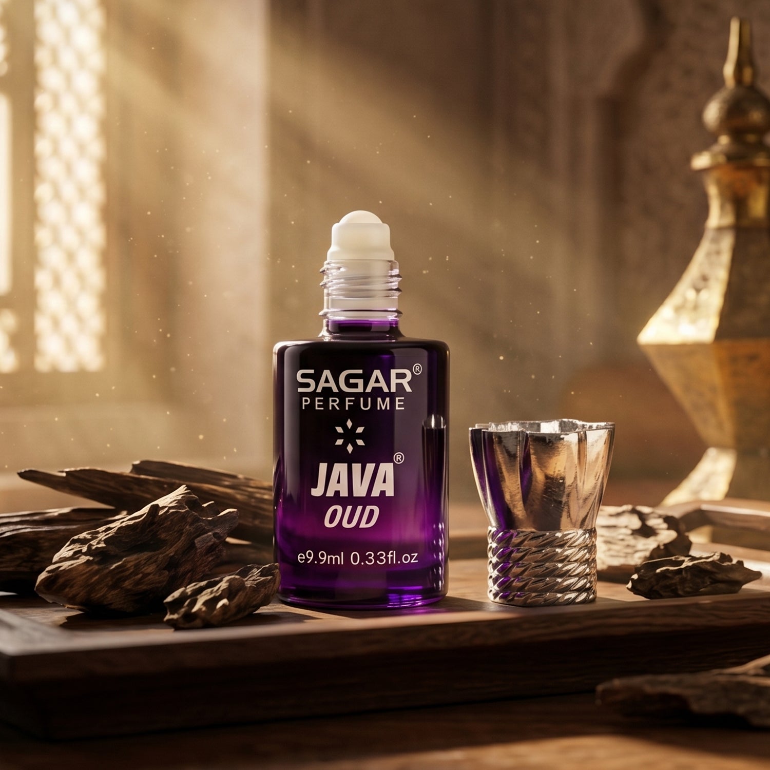 Wukusy Sagar Java Oud Roll-on Attar perfume oil in 9.9 ml bottle, alcohol-free fragrance for men and women, with floral and woody notes