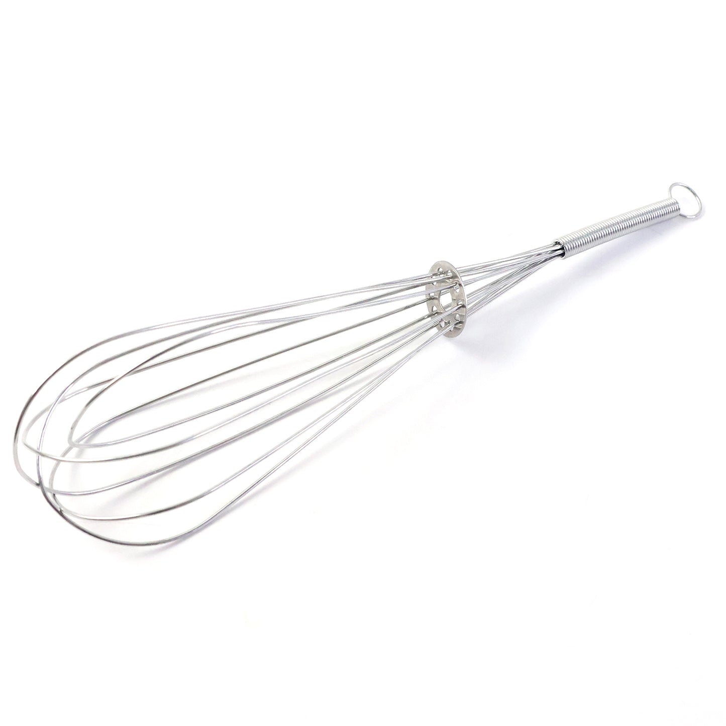 Stainless steel manual egg beater whisk by Wukusy with a comfortable handle for mixing eggs and batter.