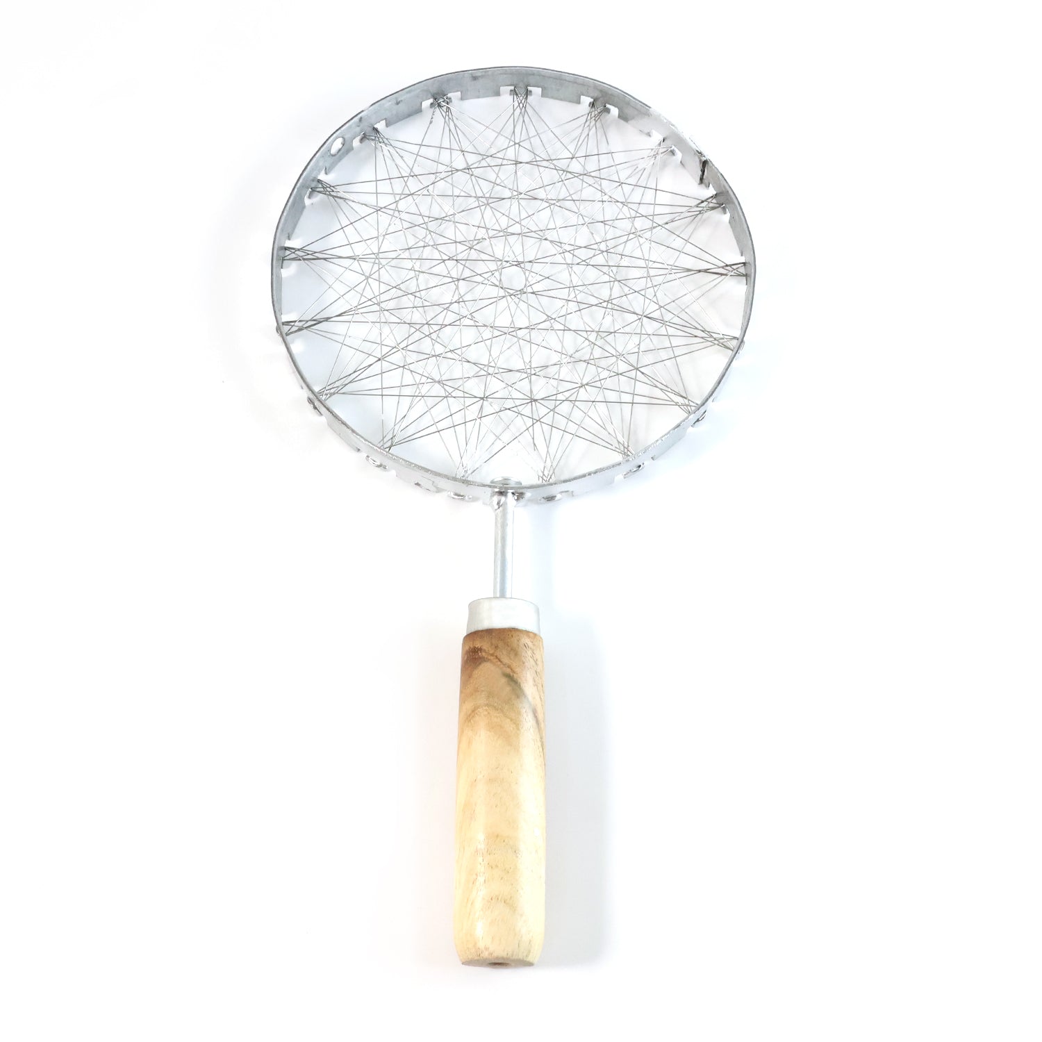Stainless steel wire skimmer with wooden handle, ideal for kitchen cooking and straining, by Wukusy.