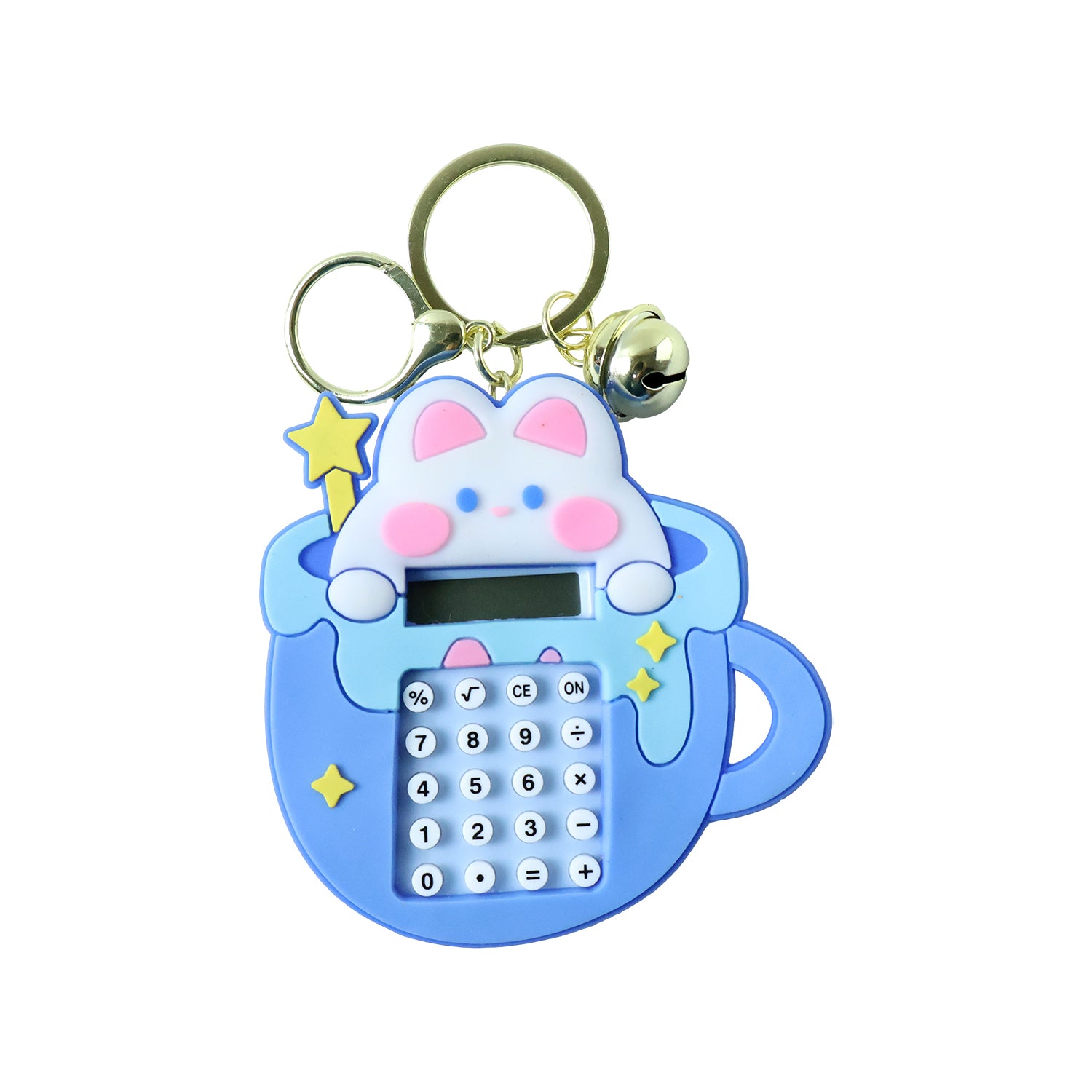 Wukusy cute cartoon bunny calculator keychain with mini digital display, featuring a cheerful bunny design and compact size.