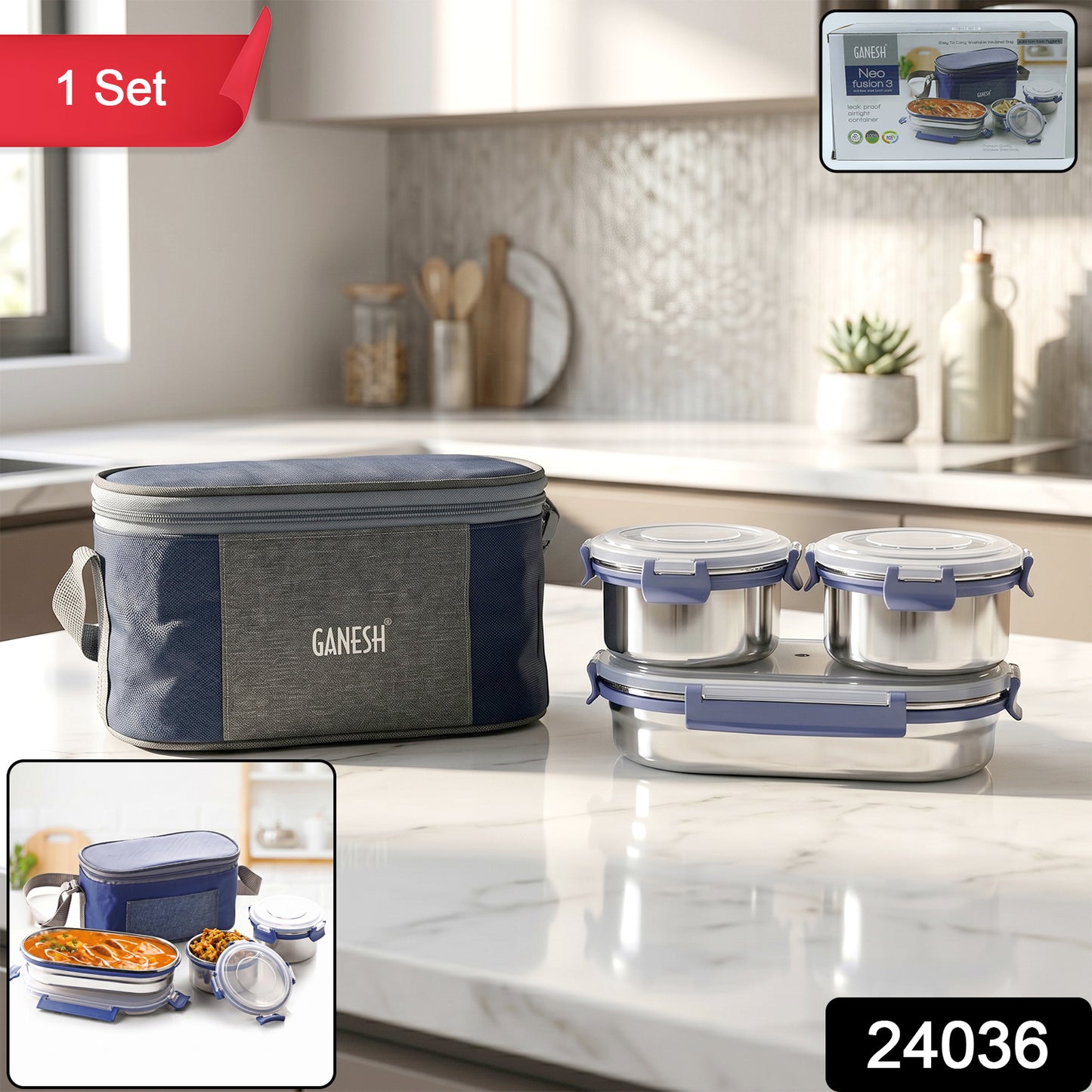 Ganesh Neo Fusion 3 stainless steel lunch box set by Wukusy, showing three sleek, durable containers with secure lids for meal storage.
